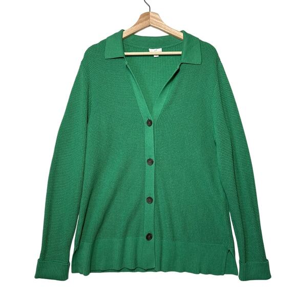 J. Jill Waffle Knit Collared Button Up Cardigan Sweater Green Size L Tall Long - Picture 2 of 14